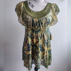 🆕 One World Embellished beaded neckline Boho ruched Aztec art to wear blouse_XS